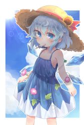 Rule 34 | 1girl, adapted costume, bare arms, bare shoulders, blue dress, blue eyes, blue hair, blue sky, blush, cirno, cloud, collarbone, day, dress, flat chest, flower, food, hat, hat flower, hat ribbon, highres, ice, ice cream, ice wings, kibisake, lens flare, melting, morning glory, mouth hold, outline, outside border, popsicle, red ribbon, ribbon, short hair, skirt hold, sky, sleeveless, sleeveless dress, solo, standing, straw hat, sun, sun hat, sunflower, sweat, tanned cirno, touhou, white outline, wings