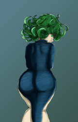 Rule 34 | 1girl, ass, bare legs, black dress, colorized, curly hair, dress, from behind, frown, green eyes, green hair, grey background, huge ass, impossible clothes, impossible dress, kneepits, long sleeves, looking back, matching hair/eyes, no panties, one-punch man, revision, short hair, side slit, simple background, solo, sweatdrop, tatsumaki, the golden smurf, wide hips