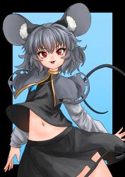 Rule 34 | 1girl, absurdres, animal ear fluff, animal ears, artist request, black border, black shirt, black skirt, blue background, border, capelet, commission, grey capelet, grey hair, highres, long sleeves, looking at viewer, midriff, mouse ears, mouse girl, mouse tail, navel, nazrin, red eyes, second-party source, shirt, short hair, skirt, solo, tail, touhou