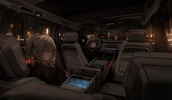 Rule 34 | 1girl, absurdres, black gloves, black ribbon, car, car interior, car seat, choker, from behind, gloves, grey hair, hair ribbon, highres, ichijou riana, lavender quartz, lm7 (op-center), looking at viewer, looking back, motor vehicle, night, perspective, range rover, red eyes, ribbon, seatbelt, short twintails, side-view mirror, sitting, steering wheel, twintails