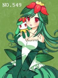 Rule 34 | 10s, 1girl, blush, breasts, cleavage, creatures (company), crown, detached sleeves, dress, dual persona, female focus, flower, game freak, gen 5 pokemon, green hair, image sample, jewelry, large breasts, lilligant, long hair, moemon, necklace, nintendo, open mouth, personification, petals, pixiv sample, pokemon, pokemon bw, red eyes, resized, solo, standing