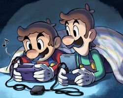 Rule 34 | 2boys, black eyes, blue overalls, brothers, brown hair, eighth note, facial hair, game boy advance, game boy advance sp, gloves, green shirt, handheld game console, holding, holding handheld game console, long sleeves, luigi, lying, male focus, mario, mario &amp; luigi rpg, mario (series), multiple boys, musical note, mustache, nintendo, no headwear, on stomach, overalls, red shirt, shirt, short hair, siblings, under covers, upper body, very short hair, white gloves, ya mari 6363