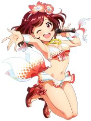 Rule 34 | 1girl, beads, bikini, blush, breasts, cleavage, floating hair, flower, front-tie top, full body, hair flower, hair ornament, hairband, holding, jewelry, jumping, kasukabe haru, legs together, looking at viewer, microphone, navel, necklace, one eye closed, open mouth, outstretched arm, red eyes, red hair, round teeth, sandals, short hair, simple background, smile, solo, swimsuit, teeth, tokyo 7th sisters, white background