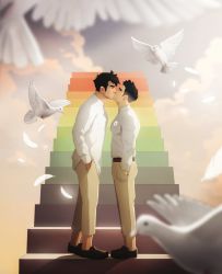 Rule 34 | 2boys, animal, bird, black hair, brown pants, closed eyes, cloud, cloudy sky, couple, day, dove, falling petals, feathers, hand in pocket, kiss, ladder, large pectorals, lgbt pride, male focus, multiple boys, muscular, muscular male, nerdyart1, original, outdoors, pants, pectorals, petals, scenery, shirt, shoes, short hair, sky, spiked hair, white shirt, yaoi