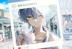 Rule 34 | 1boy, blue hair, character name, cherry blossoms, cup, dankira!!!, drinking straw, drinking straw in mouth, fake screenshot, highres, holding, holding cup, instagram, jacket, kagemiya kei, looking at viewer, male focus, mia amane, one eye closed, solo, sukajan, yellow eyes