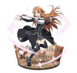 Rule 34 | 1girl, :d, armor, asuna (sao), black footwear, boots, breastplate, brown eyes, brown hair, floating hair, full body, grey skirt, holding, holding sword, holding weapon, leg up, long hair, miniskirt, open mouth, outstretched arm, pleated skirt, simple background, skirt, smile, solo, sword, sword art online, thigh boots, thighhighs, very long hair, weapon, white background
