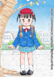Rule 34 | 1girl, :3, absurdres, backpack, bag, beret, black footwear, black hair, blue jacket, blue skirt, blush, bookbag, bow, bowtie, brown eyes, building, chain-link fence, cherry blossoms, crime prevention buzzer, fence, hair bobbles, hair ornament, hat, highres, jacket, long hair, long sleeves, looking at viewer, marup, open mouth, petals, plaid, plaid skirt, red headwear, red neckwear, saeko-chan (marup), school, school uniform, shirt, shoes, skirt, sky, smile, socks, standing, tree, twintails, white legwear, white shirt