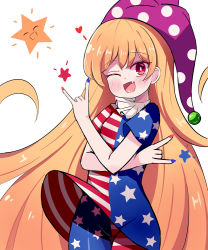 Rule 34 | 1girl, \n/, absurdly long hair, american flag dress, american flag legwear, blonde hair, blue nails, blush, clownpiece, commentary request, cowboy shot, dress, fang, hat, heart, jester cap, long hair, looking at viewer, nail polish, neck ruff, one eye closed, pantyhose, polka dot, purple hat, red eyes, red nails, short dress, short sleeves, simple background, skin fang, smile, solo, sseopik, star (symbol), star print, striped, thigh gap, touhou, very long hair, white background