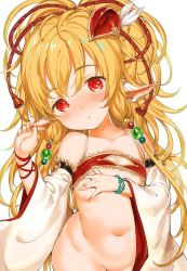 Rule 34 | 1girl, animal ears, bandeau, bare shoulders, blonde hair, bottomless, covering privates, covering breasts, detached sleeves, feathers, flat chest, granblue fantasy, hair ornament, hand on own ear, harvin, long hair, looking at viewer, mahira (granblue fantasy), mutsutake, navel, out-of-frame censoring, pulling own ear, red eyes, solo