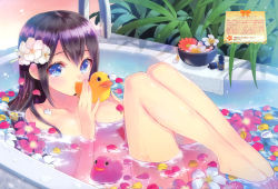 Rule 34 | 1girl, absurdres, barefoot, bath, bathtub, black hair, blue eyes, breasts, breasts apart, censored, convenient censoring, flower, full body, hair flower, hair ornament, highres, kasukabe akira, legs together, long hair, nude, petals, rubber duck, solo, water, water drop, wet, wet hair