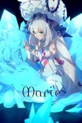 Rule 34 | 1girl, blue eyes, blush, boots, breasts, character name, crystal, dress, echo (circa), fate/grand order, fate (series), gloves, hat, horse, large hat, long hair, marie antoinette (fate), medium breasts, short dress, sidelocks, sitting, sleeveless, sleeveless dress, smile, solo, thigh boots, twintails, very long hair, white dress, white footwear, white hair, white hat