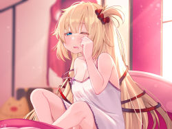 Rule 34 | 1girl, akai haato, aqua eyes, bare shoulders, bedroom, blonde hair, blurry, blurry background, blush, breasts, cleavage, commentary request, crossed legs, day, drooling, hair ornament, hair ribbon, half-closed eye, heart, heart hair ornament, highres, hololive, indoors, knees up, long hair, magowasabi, medium breasts, mouth drool, on bed, one eye closed, one side up, pajamas, purple pajamas, red ribbon, revision, ribbon, rubbing eyes, signature, sitting, sleepy, solo, strap slip, twitter username, very long hair, virtual youtuber, waking up, window