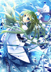Rule 34 | 1girl, ahoge, blue eyes, bubble, detached sleeves, frog hair ornament, green hair, hair ornament, kochiya sanae, long hair, looking at viewer, looking back, mochizuki shiina, open mouth, snake hair ornament, solo, submerged, torii, touhou, underwater, water