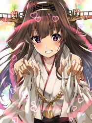 Rule 34 | 1girl, ahoge, bare shoulders, blush, breasts, brown hair, collarbone, detached sleeves, double bun, grin, hair bun, hairband, headgear, heart, heart-shaped pupils, japanese clothes, kantai collection, kongou (kancolle), kongou kai ni (kancolle), long hair, looking at viewer, motion blur, nontraditional miko, purple eyes, sidelocks, skirt, smile, solo, symbol-shaped pupils, upper body, youmou usagi
