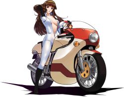 Rule 34 | 1girl, black footwear, black gloves, bodysuit, boots, brown eyes, brown hair, cleavage cutout, clothing cutout, crossover, full body, gloves, headband, helmet, holding, holding helmet, iron saga, long hair, mazinger (series), mazinger z, motor vehicle, motorcycle, navel, no bra, official alternate costume, official art, on motorcycle, open bodysuit, open clothes, open mouth, solo, transparent background, white bodysuit, yellow headband, yumi sayaka