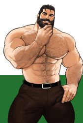 Rule 34 | 1boy, abs, bara, beard, bernard (lustful desires), commentary, dopey (dopq), facial hair, highres, large pectorals, lustful desires, male focus, mature male, muscular, muscular male, navel, nipples, pectorals, smile, solo, stomach, topless male