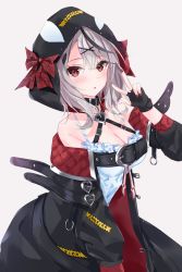 Rule 34 | :o, animal hood, bad id, bad pixiv id, bare shoulders, belt, belt buckle, black choker, black hair, black jacket, blush, bow, breasts, buckle, camisole, caution, choker, cleavage, commentary, eyes visible through hair, fingerless gloves, gloves, highres, hololive, hood, jacket, large breasts, medium hair, multicolored hair, nerusu, off-shoulder jacket, off shoulder, orca hood, red eyes, sakamata chloe, silver hair, solo, streaked hair, symbol-only commentary, virtual youtuber, w, white background, white camisole