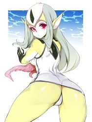 Rule 34 | 1girl, absurdres, ao no roku-gou, ass, black skin, blush, colored skin, dress, facial mark, fins, forehead mark, from behind, grey hair, highres, looking at viewer, monster girl, multicolored skin, mutio, panties, pointy ears, red eyes, shiny skin, slugbox, solo, therianthrope, underwater, underwear, webbed hands, white panties, white skin, yellow skin