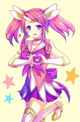 Rule 34 | 1girl, alternate costume, alternate hair color, alternate hairstyle, bare shoulders, boots, choker, collarbone, dress, earrings, elbow gloves, gloves, heart, heart hands, highres, isumi (yangyan), jewelry, league of legends, leg up, looking at viewer, lux (league of legends), magical girl, pink dress, pink hair, purple eyes, simple background, skirt, sleeveless, sleeveless dress, standing, standing on one leg, star (symbol), star guardian (league of legends), star guardian lux, thigh boots, thighhighs, tiara, zettai ryouiki