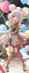 Rule 34 | 1girl, absurdres, animal ears, balloon, blurry, blurry background, blush, boots, collared shirt, double v, fake animal ears, glint, granblue fantasy, highres, long hair, looking at viewer, mouse (animal), mouse ears, one eye closed, open mouth, pink skirt, pink thighhighs, reaching, reaching towards viewer, red eyes, sash, shiro wa (shiroshironix), shirt, short hair, shoulder sash, skirt, smile, solo, standing, thighhighs, v, vikala (granblue fantasy), white footwear, wrist cuffs