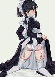 Rule 34 | 1girl, black dress, black hair, clothes lift, dress, dress lift, from behind, garter straps, green eyes, grey background, highres, kneeling, lifting own clothes, long sleeves, looking at viewer, looking back, luicent, maid, maid headdress, original, panties, short hair, sidelocks, simple background, skindentation, solo, thighhighs, underwear, white panties, white thighhighs