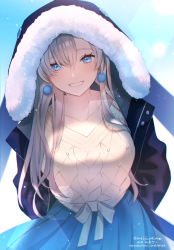 Rule 34 | 1girl, anastasia (fate), arms behind back, beige sweater, black jacket, blue eyes, blue skirt, blush, breasts, collarbone, earrings, fate/grand order, fate (series), grin, hair over one eye, hood, hood up, hooded jacket, jacket, jewelry, large breasts, long hair, long sleeves, looking at viewer, meiji ken, open clothes, open jacket, pleated skirt, silver hair, skirt, smile, solo, under the same sky, very long hair