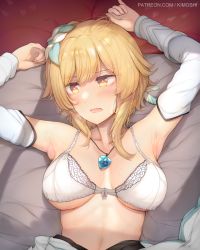 Rule 34 | 1girl, armpits, arms up, blonde hair, blush, bra, breasts, detached sleeves, facing viewer, feather hair ornament, feathers, female focus, flower, from below, genshin impact, hair flower, hair ornament, highres, jewelry, kimoshi, large breasts, long sleeves, looking to the side, lumine (genshin impact), lying, medium hair, necklace, on back, orange eyes, parted lips, solo, underwear, upper body, white bra