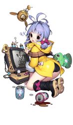 Rule 34 | 1girl, ahoge, animal, antenna hair, arcade, arcade stick, ass, bad id, bad twitter id, black footwear, blunt bangs, boots, bow, bow legwear, brown eyes, can, charlotte (cyphers), coat, coin, controller, crying, cyphers, drone, eyelashes, floating, frog, from behind, game controller, hair bow, hand up, highres, hood, hood down, hooded coat, joystick, knee boots, kneeling, lily pad, long sleeves, looking at viewer, looking back, low twintails, mandrill, medium hair, monitor, open mouth, pinky out, playing games, pocket, purple bow, purple hair, raincoat, round teeth, short hair, short sleeves, short twintails, sidelocks, sleeves rolled up, smile, solo, teardrop, tears, teeth, thighs, transparent background, twintails, video game, wavy mouth, yellow coat