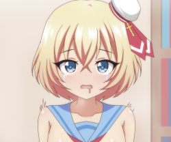 Rule 34 | 1girl, blonde hair, blue eyes, blush, book, bookshelf, breasts, collarbone, cross, detached collar, drooling, hat, highres, jashin-chan dropkick, lierre, looking at viewer, mini hat, neckerchief, nude, open mouth, poa mellhen, red neckerchief, sailor collar, sailor hat, short hair, small breasts, standing, tears, trembling, upper body, wall, white headwear