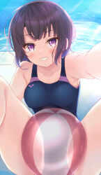 Rule 34 | 1girl, ball, bare arms, bare legs, bare shoulders, beachball, between legs, black hair, blush, breasts, competition swimsuit, covered erect nipples, grin, komone ushio, looking at viewer, medium breasts, medium hair, one-piece swimsuit, original, outstretched arm, poolside, purple eyes, reaching, reaching towards viewer, school swimsuit, see-through, selfie, smile, solo, split, spread legs, sweatdrop, swimsuit, thighs