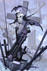 Rule 34 | 1girl, absurdres, bikini, bikini top only, bikini under clothes, black bikini, black hair, black jacket, black rock shooter, black rock shooter (character), black shorts, breasts, chain, cross, flaming eye, glowing, glowing eye, gun, highres, holding, holding sword, holding weapon, jacket, katana, matsuura kento, midriff, navel, open clothes, open jacket, pale skin, purple eyes, scar, shorts, small breasts, solo, stitched torso, stitches, swimsuit, sword, twintails, uneven twintails, weapon