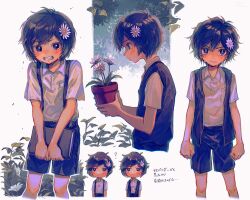 Rule 34 | 1boy, ?, alternate costume, alternate hair color, alternate hairstyle, basil (omori), black eyes, black hair, black shorts, book, clenched teeth, closed mouth, collared shirt, crying, crying with eyes open, dated, flower, flower pot, from side, hair flower, hair ornament, highres, holding, holding book, holding flower pot, hyaku (momongamomomo), looking at viewer, omori, parted lips, plant, potted plant, shirt, short hair, short sleeves, shorts, tears, teeth, translation request, twitter username, white shirt