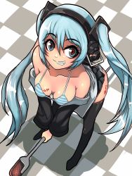 Rule 34 | 1girl, aqua hair, bra, checkered floor, from above, grin, hair between eyes, hatsune miku, headphones, highres, long hair, microphone, microphone stand, musical note, off shoulder, panties, smile, solo, straddling, striped bra, striped clothes, striped panties, thighhighs, twintails, underwear, very long hair, vocaloid