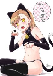 Rule 34 | 1girl, animal collar, animal ears, asymmetrical bangs, bell, black thighhighs, blush, bridal gauntlets, brown hair, cat day, cat ears, cat tail, collar, fangs, hair ornament, highres, jingle bell, looking at viewer, misaka mikoto, navel, nyan, okara, open mouth, paw pose, signature, simple background, sitting, solo, speech bubble, stomach, tail, thighhighs, toaru majutsu no index, wariza, white background
