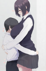 Rule 34 | 1boy, 1girl, between breasts, black hair, black pants, black vest, blush, breasts, brown eyes, face to breasts, grey skirt, head between breasts, height difference, hug, huge breasts, office lady, original, pants, pleated skirt, shirt, short hair, simple background, skirt, tall female, taller female, vest, white background, white shirt, yukage