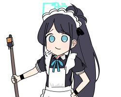 Rule 34 | 1girl, apron, aris (blue archive), aris (maid) (blue archive), blue archive, blue eyes, blue halo, halo, long hair, looking at viewer, maid headdress, ponytail, raw beef, simple background, solo, very long hair, white apron, white background