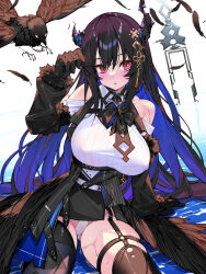 Rule 34 | 1girl, asymmetrical horns, bare shoulders, bird, black hair, blue hair, blush, breasts, cameltoe, colored inner hair, covered erect nipples, demon horns, fur trim, gloves, hair ornament, highres, hololive, hololive english, horns, large breasts, long hair, looking at viewer, mole, mole under eye, multicolored hair, nerissa ravencroft, nerissa ravencroft (1st costume), open mouth, panties, red eyes, shadow (nerissa ravencroft), smile, solo, thick thighs, thighs, two-tone hair, underwear, uneven horns, very long hair, virtual youtuber, waterring, white panties