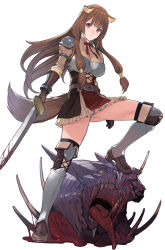 Rule 34 | 1girl, animal ears, armor, armored boots, belt, blood, bloody weapon, boots, breastplate, breasts, brown belt, brown dress, brown footwear, brown gloves, brown hair, commentary, decapitation, dress, frilled dress, frills, full body, gloves, highres, holding, holding sword, holding weapon, knee up, long hair, looking at viewer, medium breasts, mibu natsuki, monster, panties, panty peek, parted lips, raccoon ears, raccoon girl, raccoon tail, raphtalia, red eyes, ribbed dress, short dress, shoulder armor, sidelocks, simple background, solo, standing, straight hair, sword, tail, tate no yuusha no nariagari, thigh boots, thighhighs, thighs, underbust, underwear, v-shaped eyebrows, weapon, white background, white panties, zettai ryouiki