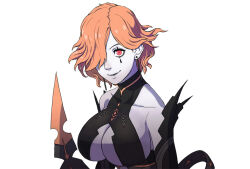 Rule 34 | 1girl, alternate breast size, breasts, byleths200, cleavage, colored skin, earrings, female focus, fire emblem, fire emblem: three houses, hair over one eye, jewelry, kronya (fire emblem), large breasts, looking at viewer, nintendo, official art, orange hair, red eyes, short hair, solo, third-party edit, upper body, white skin