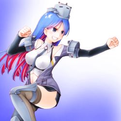 Rule 34 | 1girl, black skirt, blue hair, breasts, clenched hands, gradient background, grin, headgear, kantai collection, large breasts, leg up, long hair, long sleeves, meihemu, multicolored hair, navel, necktie, red hair, shirt, simple background, skirt, smile, solo, south dakota (kancolle), star (symbol), thighhighs, vest, white hair, white shirt