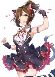 Rule 34 | 1girl, animal ears, arm garter, bare shoulders, bell, black dress, blush, breasts, brown hair, cat ears, cat tail, center frills, cleavage, dress, fang, frills, gold trim, green eyes, hair ribbon, heart, highres, idolmaster, idolmaster cinderella girls, jingle bell, large breasts, leg up, looking at viewer, maekawa miku, one eye closed, open mouth, ponytail, red ribbon, ribbon, short hair, simple background, smile, solo, sparkle, striped clothes, striped legwear, striped thighhighs, tail, takeashiro, thighhighs, thighs, white background, wrist cuffs