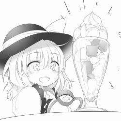 Rule 34 | + +, 1girl, blouse, blush, bow, collar, collared shirt, cream, crystal, eyes visible through hair, food, frills, glass, greyscale, hair between eyes, hat, hat bow, highres, ice cream, jewelry, komeiji koishi, long sleeves, looking to the side, marukyuu ameya, monochrome, open mouth, shirt, short hair, simple background, solo, star (symbol), table, third eye, touhou, upper body, white background, wide sleeves