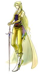 Rule 34 | 1990s (style), 1girl, blonde hair, boots, butiboco, cape, celes chere, detached sleeves, female focus, final fantasy, final fantasy vi, full body, jacket, long hair, pants, solo, sword, weapon, white background