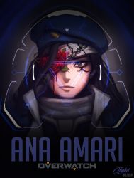 Rule 34 | 1girl, aged down, ana (overwatch), artist request, beret, black hair, blood, blood on face, brown eyes, captain amari, character name, copyright name, dark-skinned female, dark skin, facial mark, facial tattoo, flower, hat, highres, jacket, long hair, official alternate costume, overwatch, overwatch 1, portrait, solo, tattoo