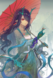 Rule 34 | 1girl, absurdres, arknights, black hair, blue hair, breasts, bug, chinese clothes, dogdogbhh, dragon girl, dragon horns, dragonfly, duijin ruqun, dusk (arknights), hair between eyes, highres, horns, insect, multicolored hair, pale skin, pointy ears, red eyes