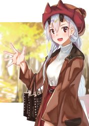 Rule 34 | 1girl, :d, bag, blush, braid, brown coat, casual, coat, commentary request, fate/grand order, fate (series), forest, highres, horns, light blush, long hair, looking at viewer, nature, oni horns, open clothes, open coat, open mouth, red eyes, red skirt, shopping bag, silver hair, single braid, skirt, smile, solo, sweater, tapioka (oekakitapioka), tomoe gozen (fate), turtleneck, turtleneck sweater, upper body, waving, white sweater