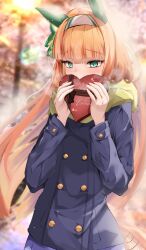 Rule 34 | 1girl, animal ears, blue jacket, blunt bangs, blurry, blurry background, buttons, chocolate, dated, ear covers, food, green eyes, hairband, highres, holding, holding chocolate, holding food, horse ears, jacket, long hair, looking at viewer, negipon, orange hair, outdoors, scarf, shy, silence suzuka (umamusume), solo, twitter suki, umamusume, white hairband, winter clothes, yellow scarf