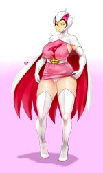 Rule 34 | 1girl, absurdres, boots, breasts, cape, covered navel, elbow gloves, full body, gatchaman, gloves, gradient background, helmet, high heels, highres, huge breasts, jun the swan, panties, pantyshot, simple background, skin tight, skindentation, skirt, skirt tug, solo, standing, thigh boots, thighhighs, thighs, underwear, visor, zcune