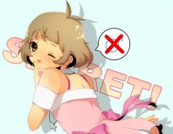 Rule 34 | 00s, :p, ;p, akizuki ryo, antenna hair, bad id, bad pixiv id, bare shoulders, blush, brown eyes, brown hair, child, cross, crossdressing, cute &amp; girly (idolmaster), finger to mouth, idolmaster, idolmaster dearly stars, jewelry, male focus, nakana, necklace, one eye closed, secret, short hair, solo, tongue, tongue out, trap, wink