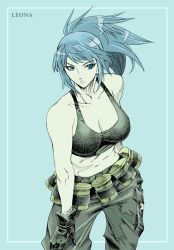 Rule 34 | 1girl, aqua background, blue eyes, blue hair, female focus, gloves, leona heidern, matching hair/eyes, military, military uniform, ponytail, snk, solo, the king of fighters, uniform
